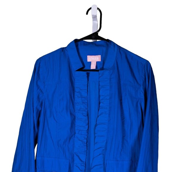Chico's Women's Jacket Blue Open Front Ruffle Pockets 3/4 Sleeve Size 0 US S/4 - Picture 4 of 8